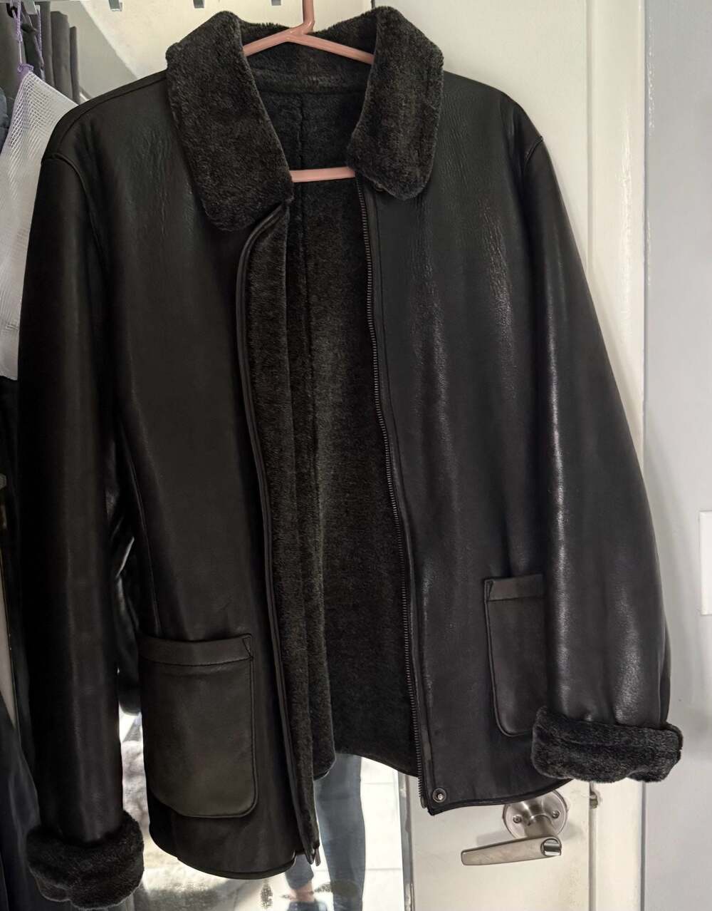 Vintage Black Leather Faux Fur Lined Bomber Jacket